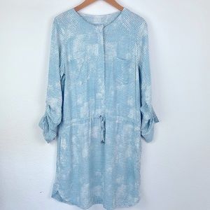 Lou and Grey Button Down Long Sleeve Tie Waist Shirt Dress Blue White Size M